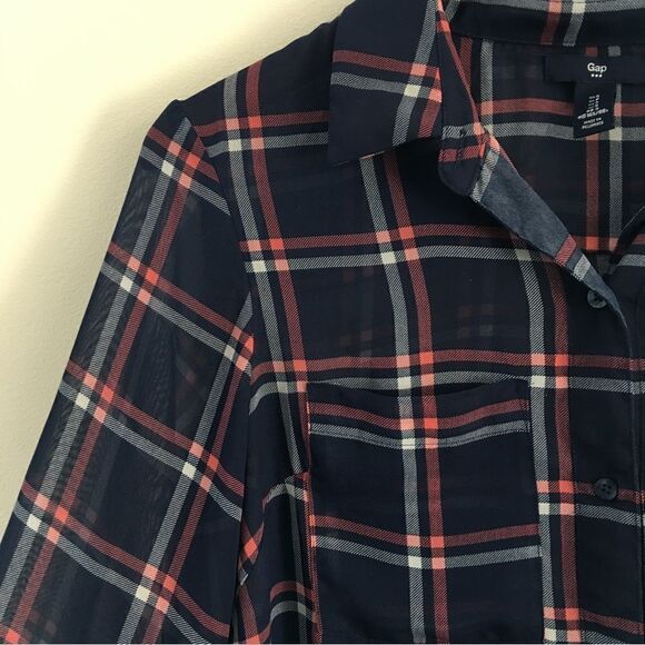 GAP Sheer Plaid Button Down Blouse | Size Small - Picture 2 of 7